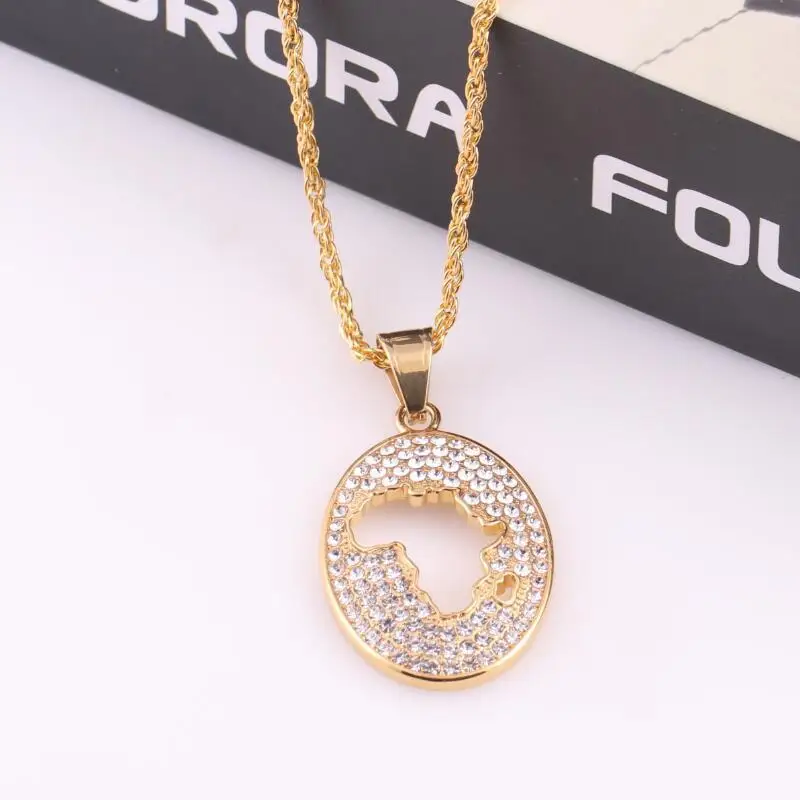 

Miss Jewelry HipHop 18k Gold Plated Stainless Steel Africa map cutout Diamond Necklace Out Tennis Chain, 14k 18k gold / white gold /silver