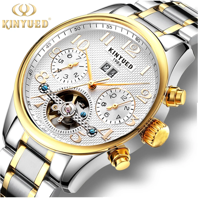 

KINYUED Factory Brand J013 Men Stainless steel Wrist Mechanical Transparent Automatic Movement Watch Custom customized LOGO