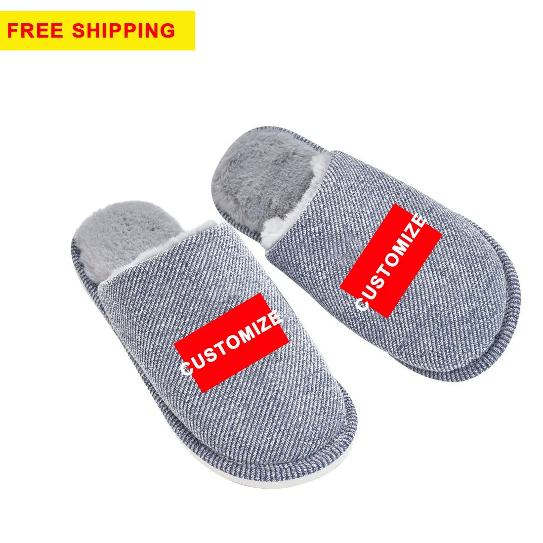 

Free Shipping Customized print winter warm faux rabbit fur fluffy house home slippers slides Mules footwear for men