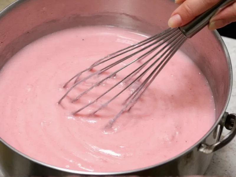 Strawberry sorbet mixture being whisked during freezing process