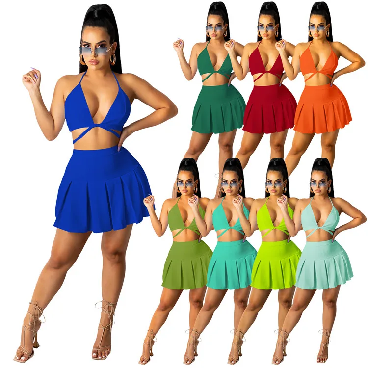 

Women summer ruffled skirt halter neck crop top dress two piece set