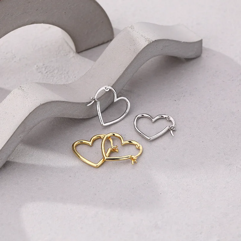Korea Fashion 925 Silver Plain Simple Heart Hoop Earring Jewelry 18K Gold Plated Sterling Silver Hoop Earring for Women