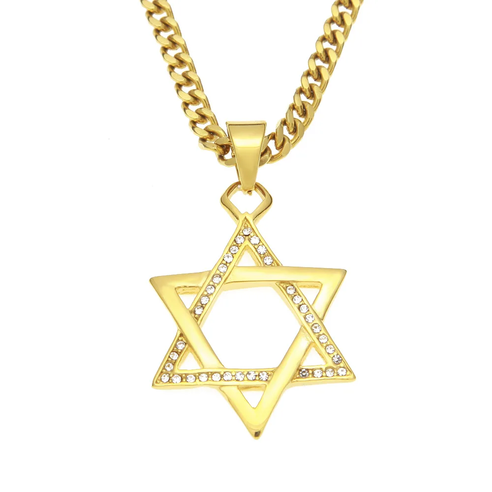 

Hip hop rap men's jewelry gold hexagonal star set with rhinestone gold plated stainless steel pendant