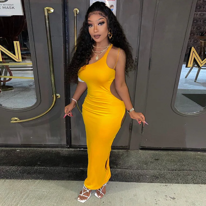 

Ready to ship summer sexy solid color one shoulder sleeveless long hollow dress