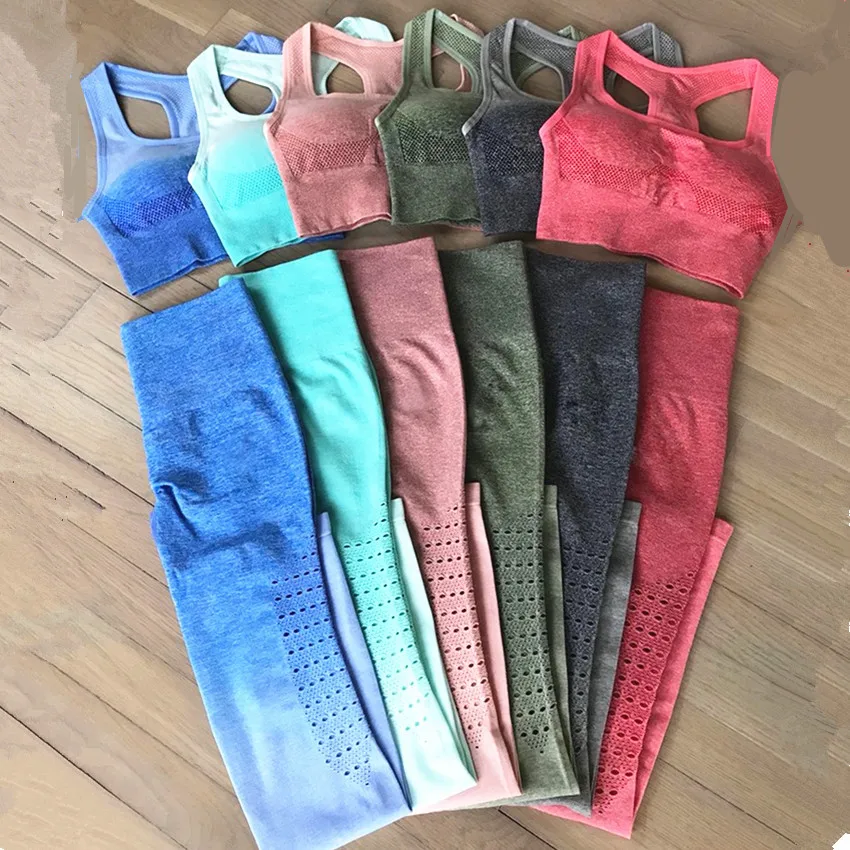 Women Ombre Seamless Gym Fitness Suit Bra Leggings High Waist Yoga Sets Cut Out  Scrunch Butt leggings Running Sport Suit