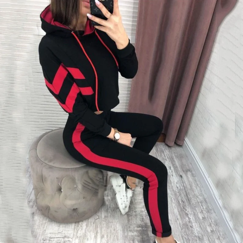 Custom Winter Women Street Wear  Contrast Color Casual Hoodies and Sweat Pants Cotton Sweatsuit Jogging Suit Tracksuit Set Women