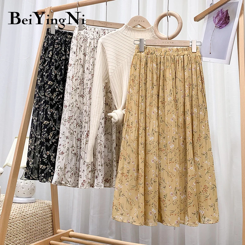 

Wholesale 2021 Summer Pleated Skirts Women Chiffon Floral Polka Dot Printed High Waist Midi Skirt Vintage Lining Casual Faldas, Blue, white, purple, khaki, green, red, black, yellow