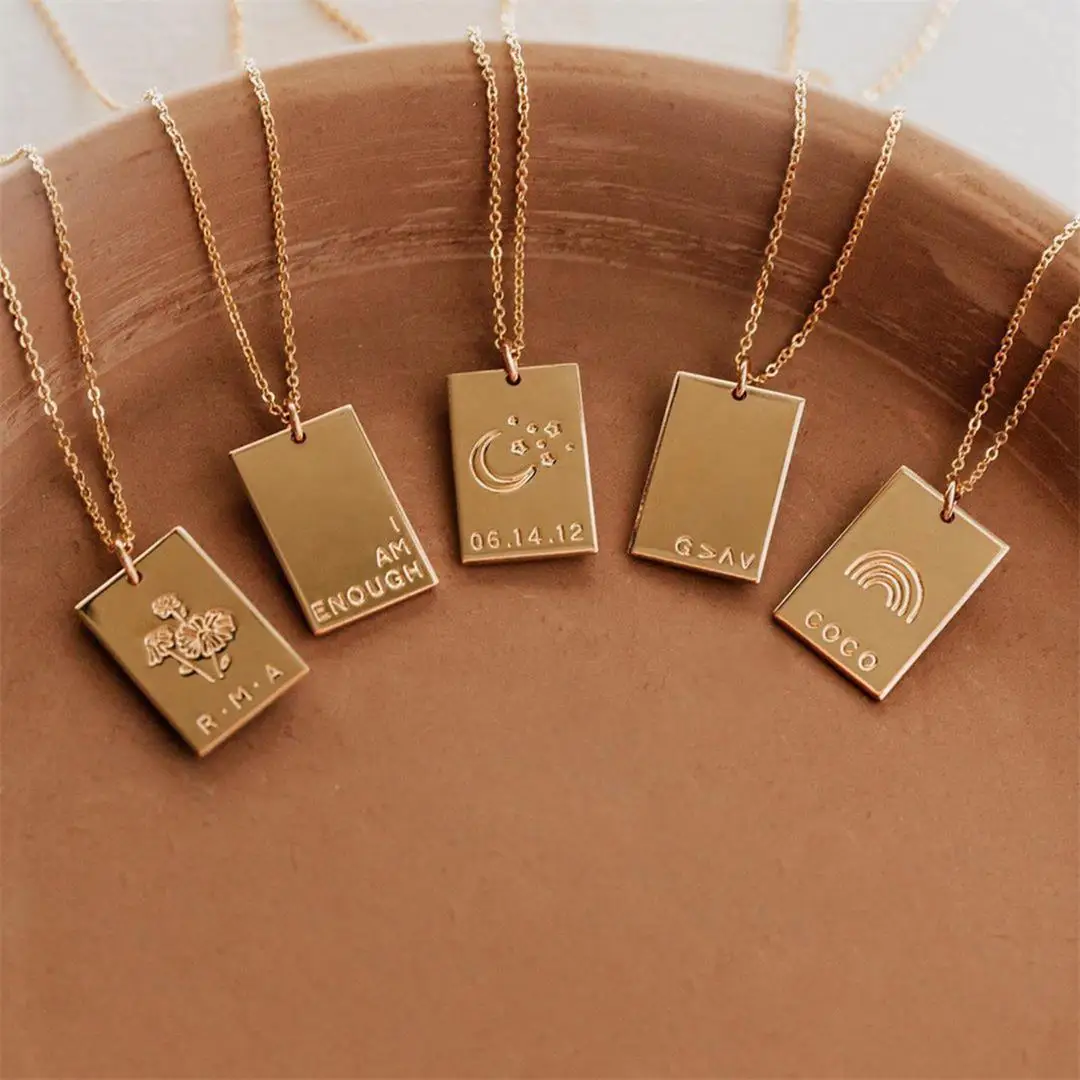 

Customized Geometric Jewelry Flower Month Engraved Symbols Word Quotes Message Inspired Rectangle Pendant Necklace, Picture shows