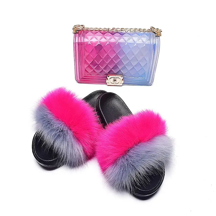 

New Design PVC Sole Multi Colors matching purse and fur slides purse and fur slides set
