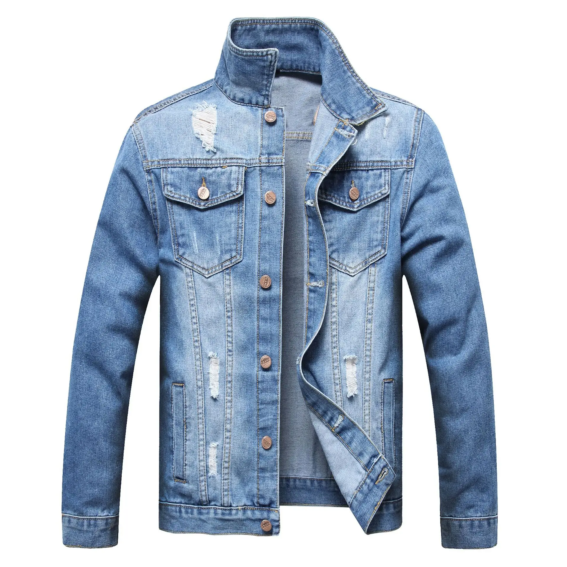 

Hot selling Classic Mens Denim Blue jean Jacket Trendy Fashion Ripped Denim Male Distressing Jackets Cowboy Coats, Light and med blue