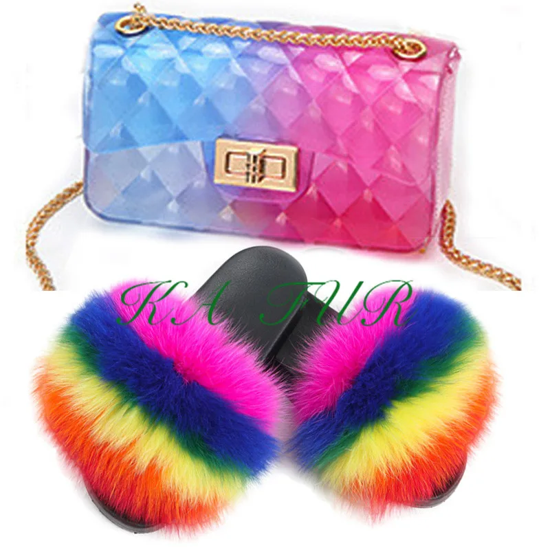 

Wholesale rainbow real fox fur jelly slipper bag set pink bling fox fur slides slippers for women with matching purse sets