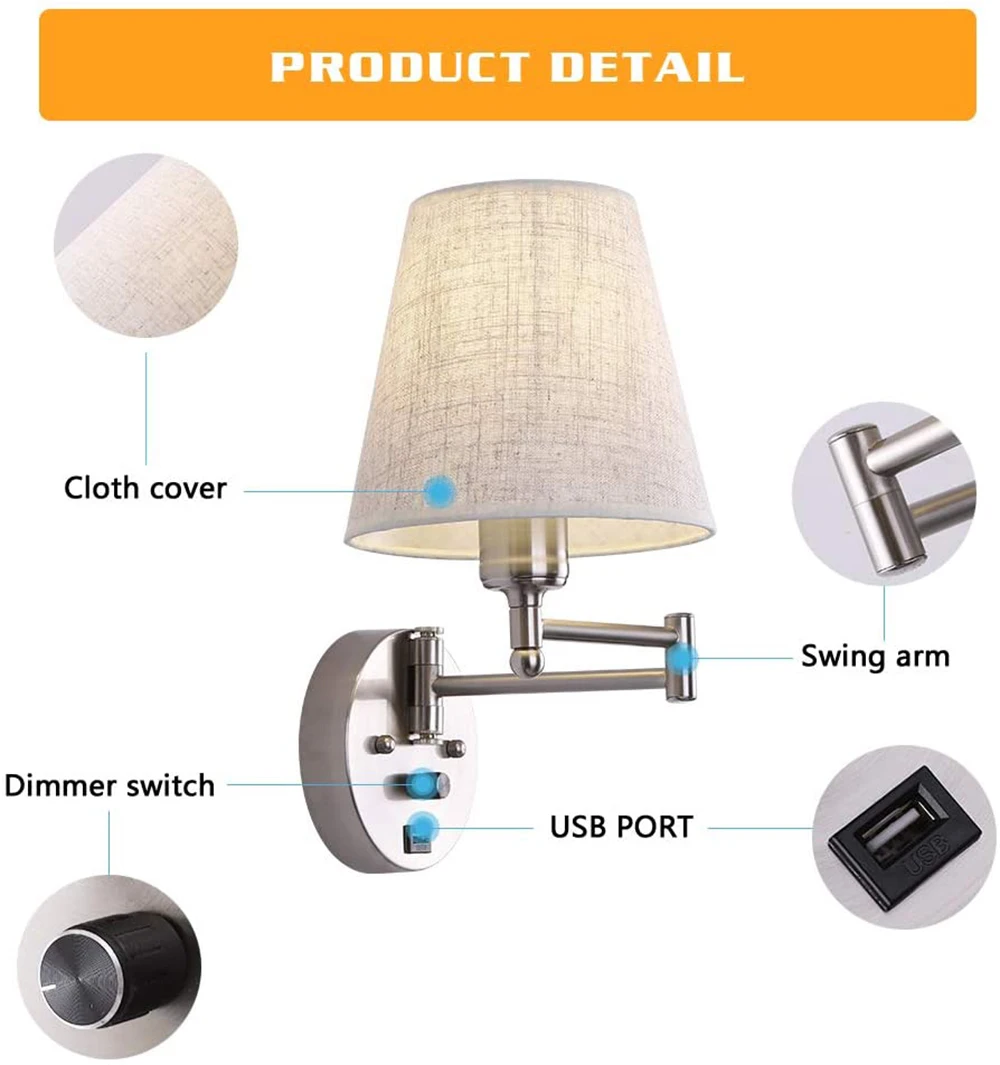 Jlw-7634 Bedside Wall Mount Light With Dimmable Switch And Usb 