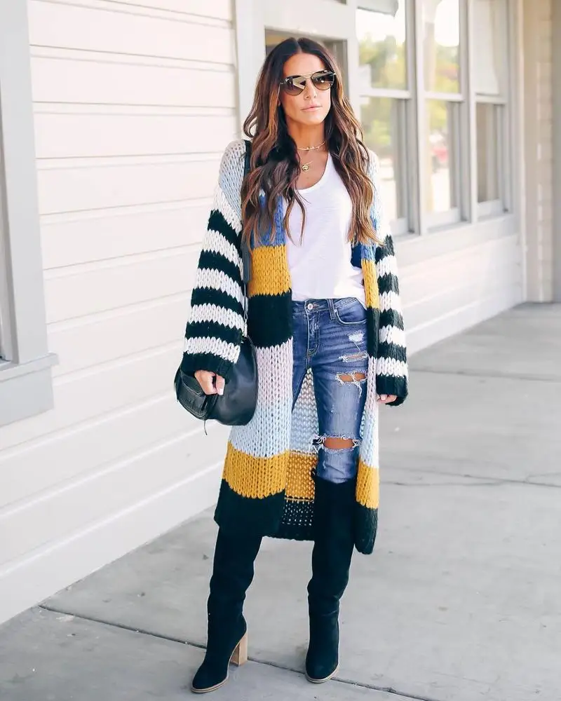 

Autumn And Winter Polyester Women's Mixed Color Sweater Stripe Long Coat Knitted Cardigan Sweater