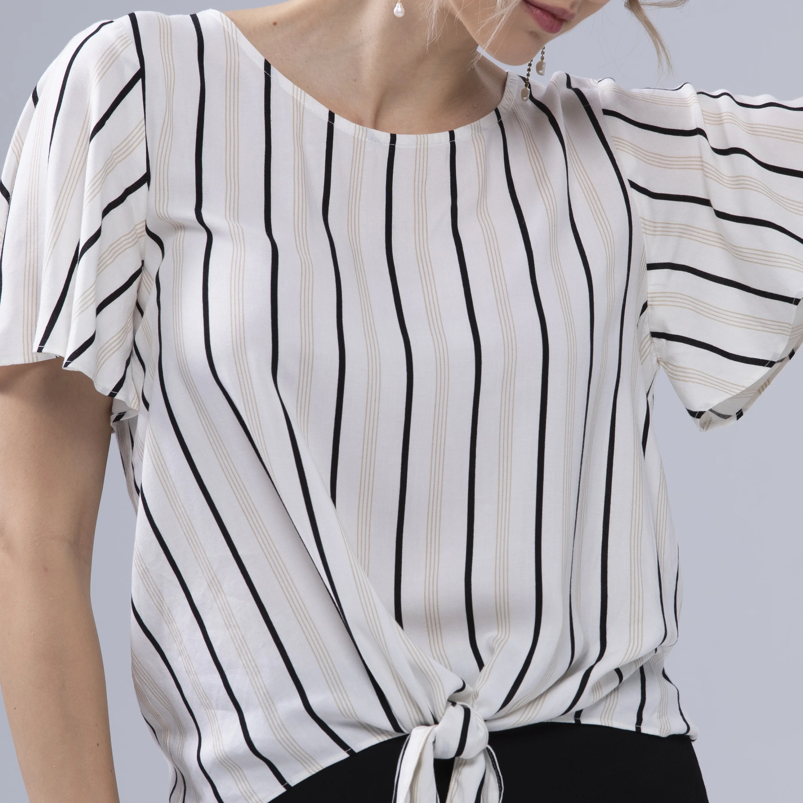 

Women New Designs Fashion Short Sleeve Round Neck Striped Ladies Elegant Tops Blouse