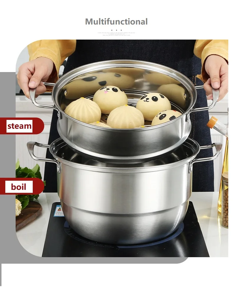 

High Quality Stainless Steel Steamer Cooker 2 Layers Cooking Pot Steamer Fashion Steamer with Steel Handle, Silver