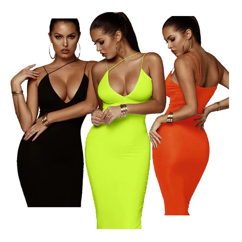 

Summer 2021 Fashion Sexy Solid Color Elasticity Bodycon V-neck Irregular Suspender Maxi Sundress Women A-line Evening Dresses