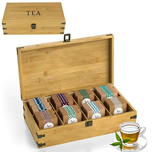 

Custom/Wholesale Hot Sale Bamboo Box with Lid and Dividers Tea Boxes 8 compartment Wood Tea Storage Organizer Tin BoxHot s