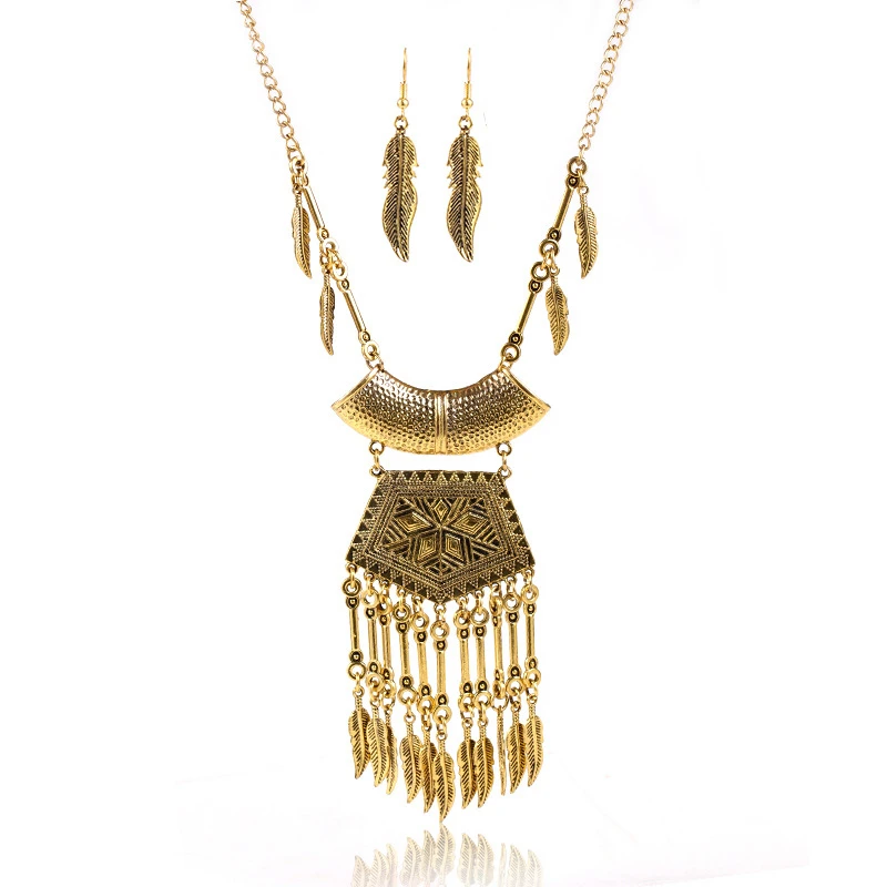 

Jachon Ancient Egypt Stylish Zinc Alloy Leaf Tassel Drop Earring Pendant Necklace Geometric Dark Gold Plated Women Jewelry Set