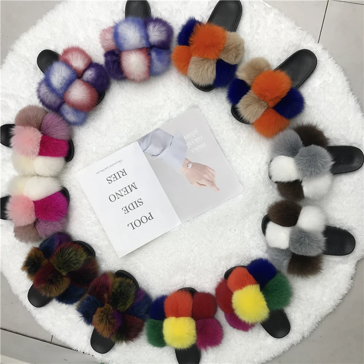 

New Trend fashion real raccoon fur slippers whosale, Customized color