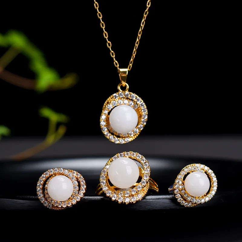 

Certified Factory Wholesale Hetian Jade Set Suet White Jade Pendant 925 Inlaid Rings Ear Studs Luxury Jade Three-Piece Set