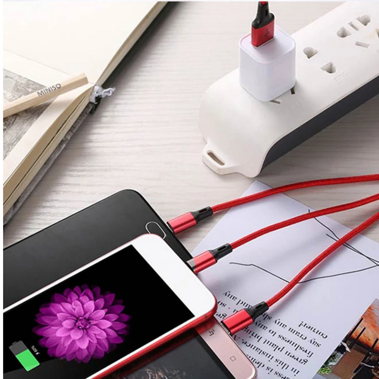 
Mobile phone nylon multi-function charger 3 in 1 USB charging cable 