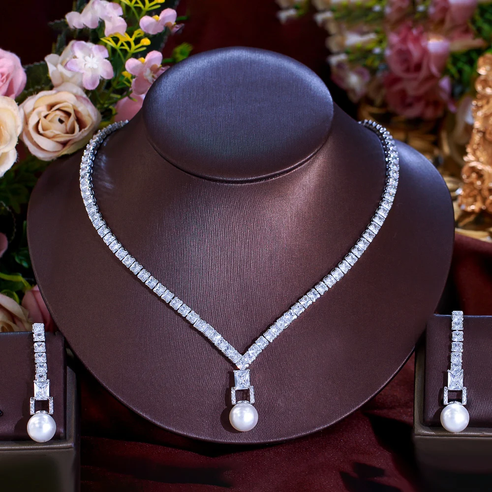 Shiny Square Cubic Zircon Bridal Wedding Big Pearl Necklace and Earrings Evening Dinner Party Costume Jewelry Sets for Women