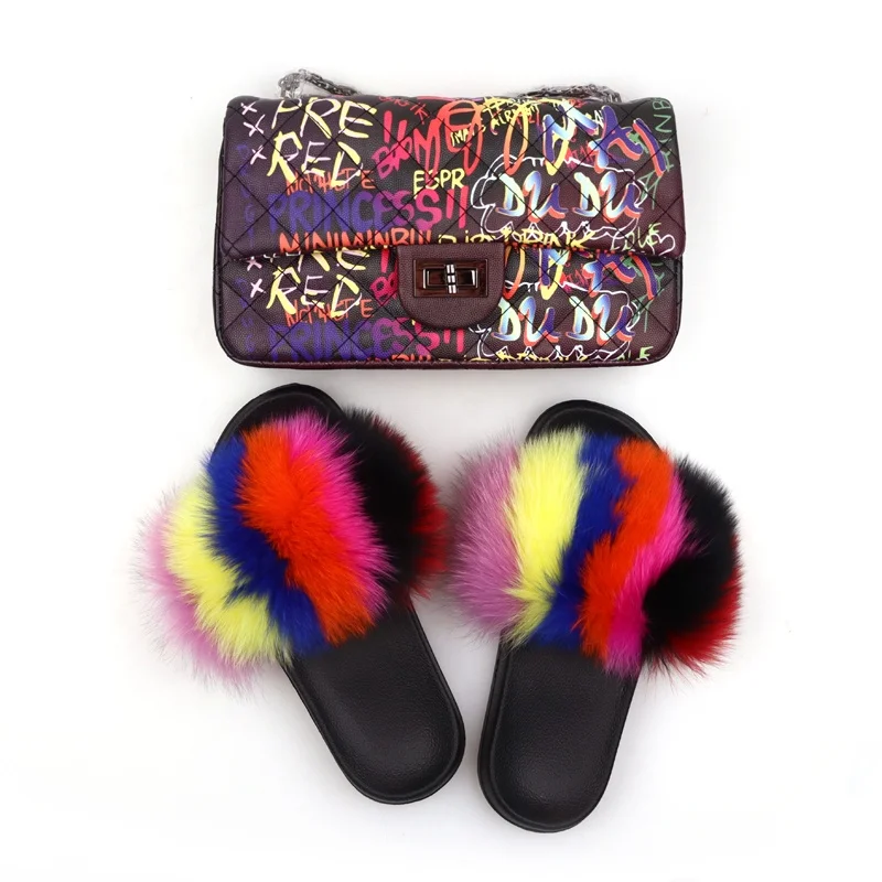 

Best Sale Colorful Graffiti Handbag Set Fur Slides With Matching Bags