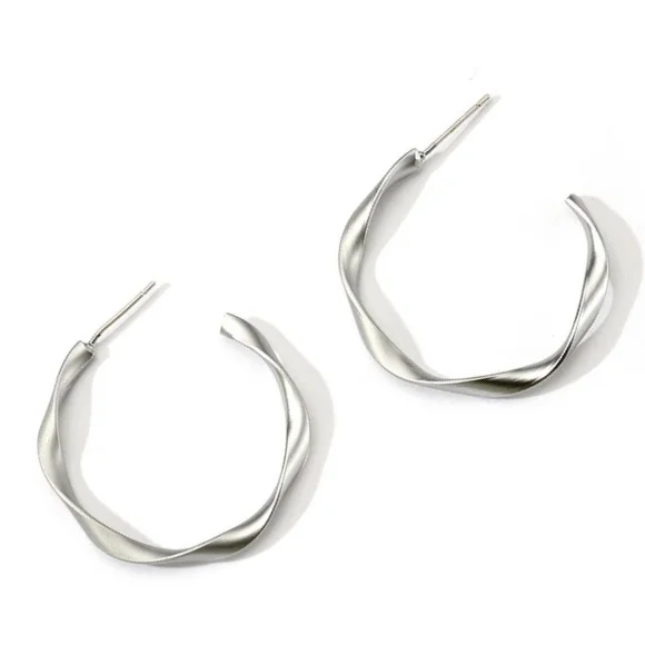 Silver needle earrings for women with matte gold geometric wave ring earrings