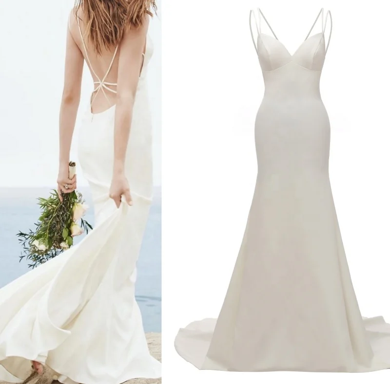 

FANWEIMEI#915 Real Picture Spaghetti Strap Sexy Backless Sleeveless Soft Satin beach Summer Bridal Gown Wedding Dress