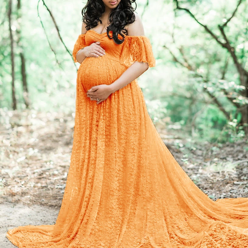 

Women pregnant dress Sexy Off Shoulder Solid maternity dresses photography props Summer photoshoot lace dress, As picture