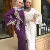 

Arabian Muslim Fashion Elegant Embroidery Slim Hip Abaya Dress Women Lace Beaded Trumpet Sleeves Evening Dress