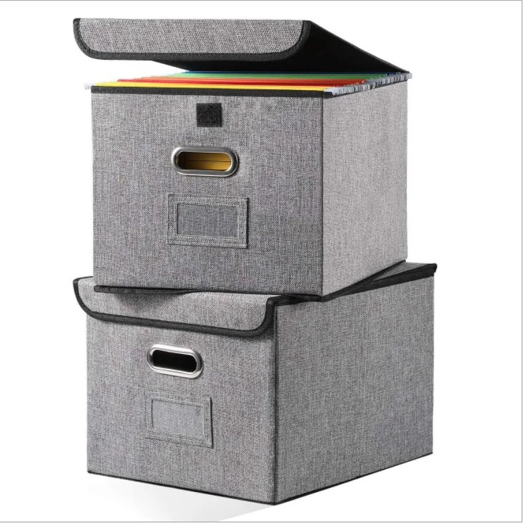 

Linen Filing box Storage Office Box Collapsible File Storage Organizer with Lid, Dark gray
