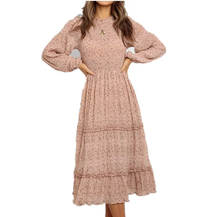 

Women Floral Print Long Sleeve Mock Ruffle Neck Smocked Bodice Tiered Panel Skirt Above Knee A Line Dress