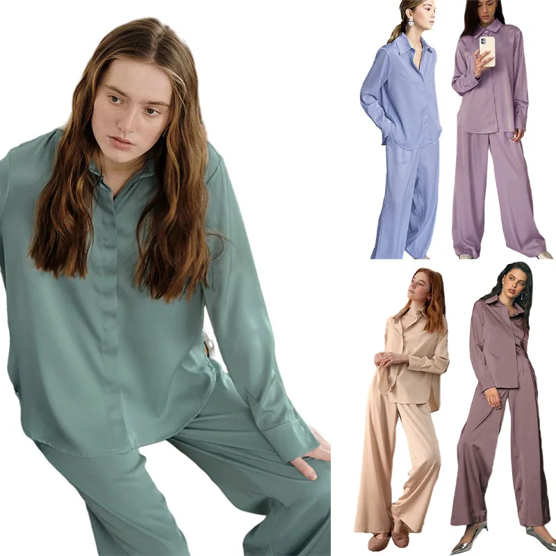 

Wholesale Custom Logo Designer Sleep Wear Set Women's Sleepwear Lounge Wear Pajamas Pijama Fall Women Satin Pajamas Set, Picture shows