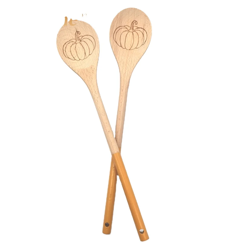 

Halloween beech wood spoon gift with laser engraved pumpkin pattern on head, Natural