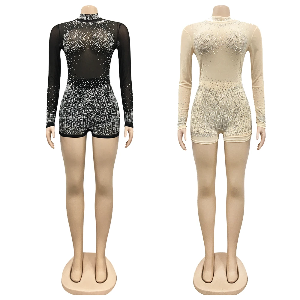 

J9887 European and American fashion sexy round neck long sleeve nightclub party hot drill perspective one-piece pants