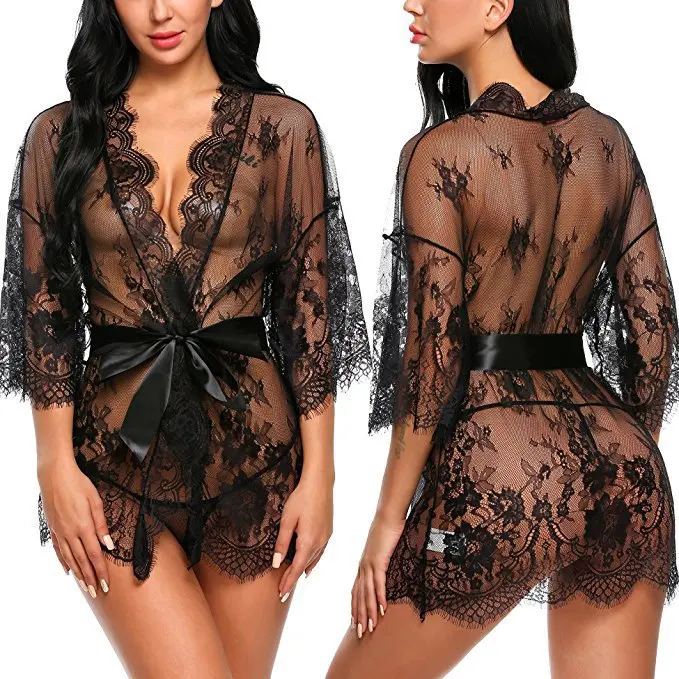 

Body de encaje kimono para mujer lenceria camison de pestanas vestido ropa de dormir negra sexy, Black