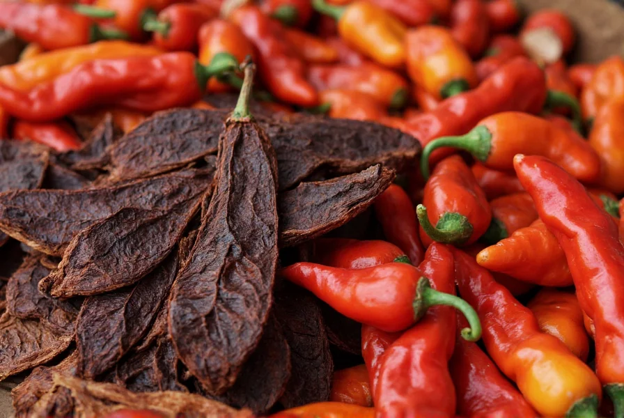Close-up view of dried pasilla peppers showing their dark brown wrinkled appearance next to fresh chihuacle peppers