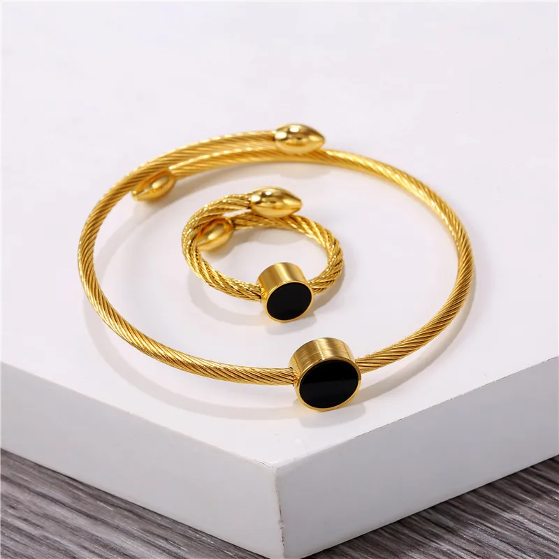 

Stainless Steel Jewelry Set Twisted Cable Wire Disc Bracelet and Ring Black Round shell Cuff Bangle Bracelet Set