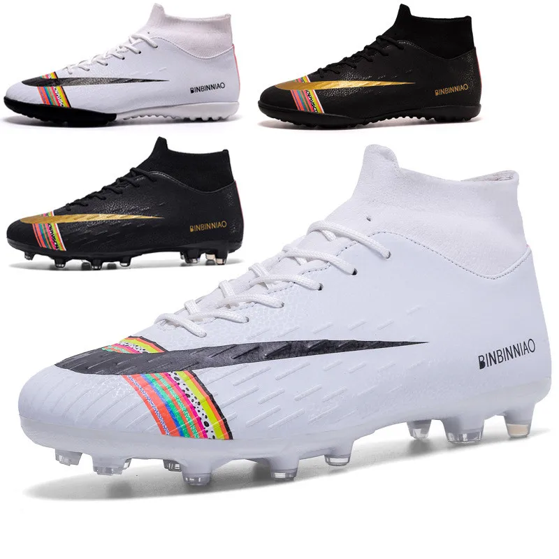 

High-grade black and white Men Soccer Shoes Adult Kids TF FG Football Boots Cleats Grass Training Sport Footwear Sneakers