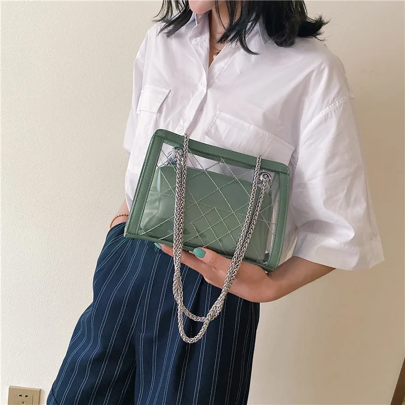

Wholesale 2021 Clear 2 Pcs Set Chain Crossbody Bags Ladies Small Square Bags Pvc Shoulder Transparent Bags Women Handbags