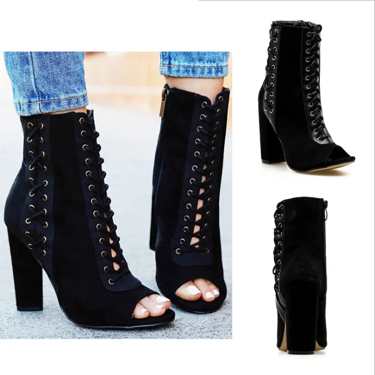 

New sexy women peep toe black suede chunky heel ankle boots high Heel Sexy Short Booties winter shoes