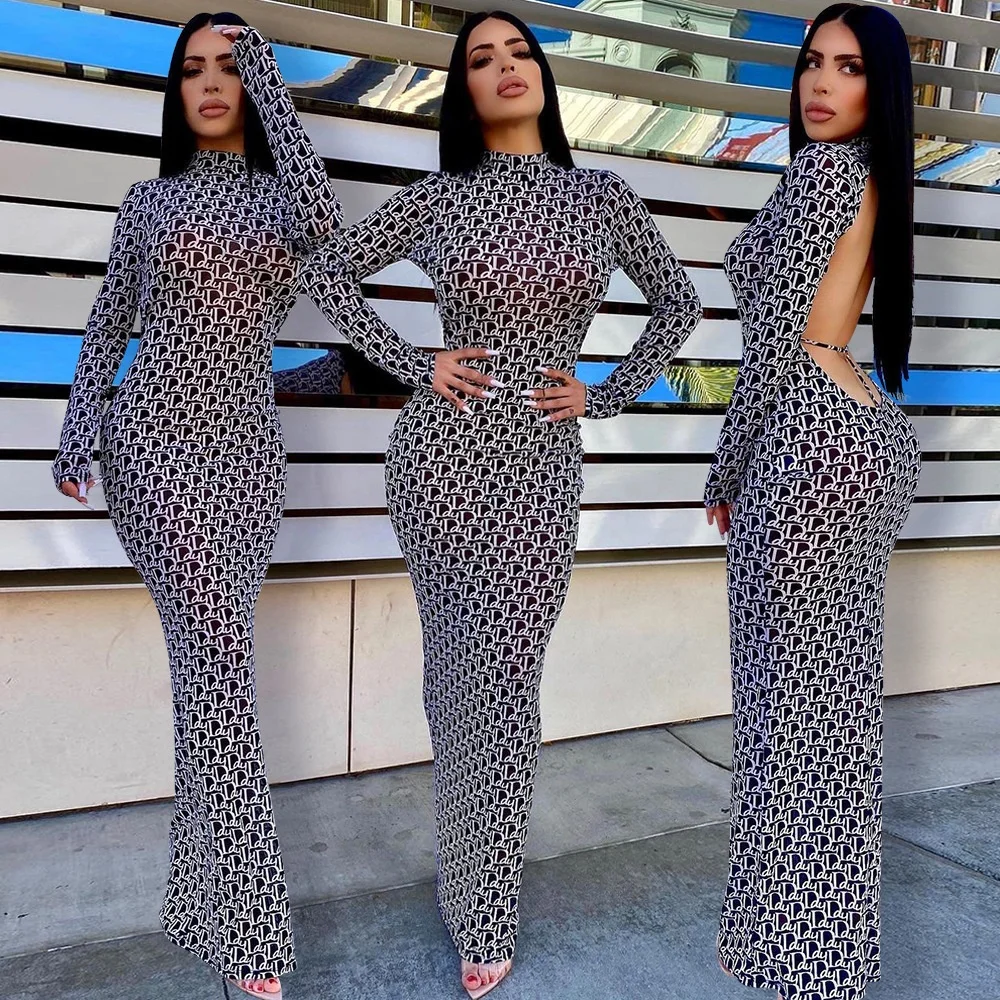 

2022 Dresses Women Fashion Sexy Club Wear Mesh See Through Printing Long Sleeve Backless Maxi Dress, Picture color