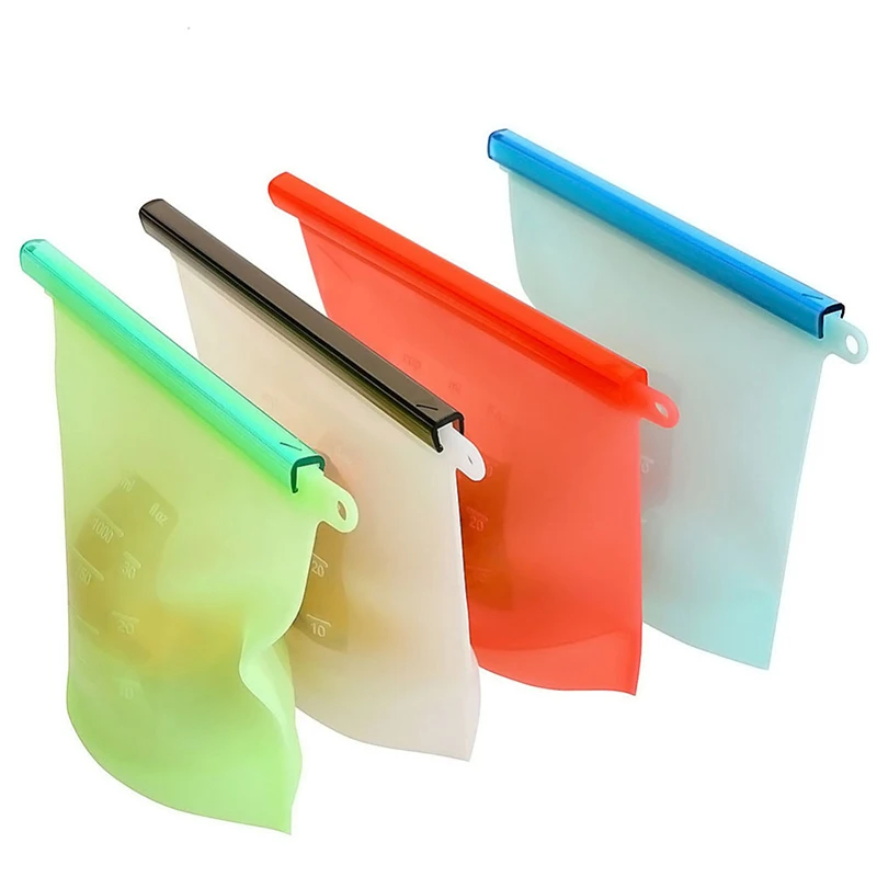 

High Quality 1000ML Silicone Storage Bag Milk Snack Vegetable Freeze Seal Bags Kitchen Supplies Silicone Food Storage Bag, Green,blue,red,transparent