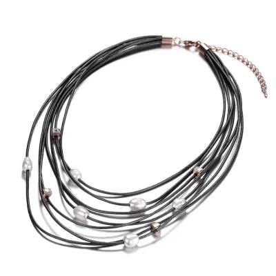 

New design retro multi strand pearl necklace girls fashion bead leather necklace