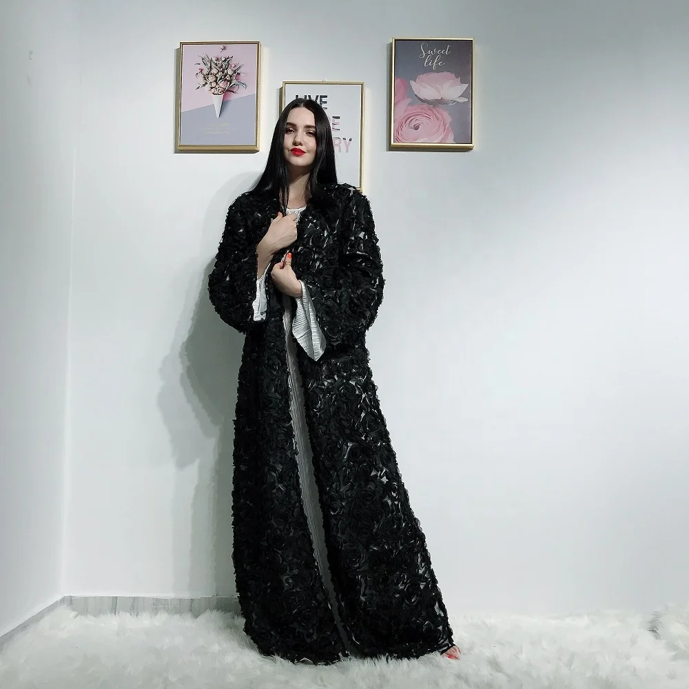 

2019 latest arrival high quality 3D rose flower black abaya loriya fashion islamic clothing