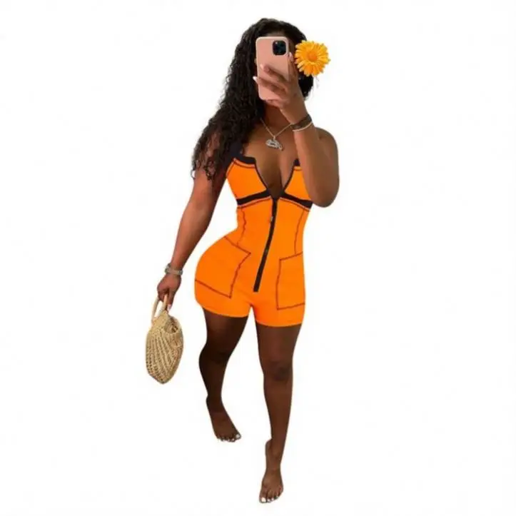 

PEARL Wholesale Sleeveless Thread Zipper Bodycon One Piece Women 2021 Sexy Summer Club Jumpsuit
