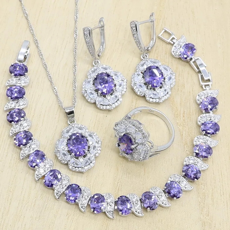 

Bridal Wedding 925 Silver Jewelry Sets for Women Purple Cubic Zircon Earrings Pendant Necklace Ring Bracelet Christmas Gift