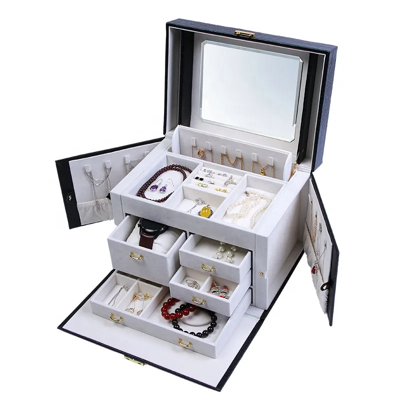 

Multi-drawer leather jewellery collection box jewelry box with clear mirror for decoration