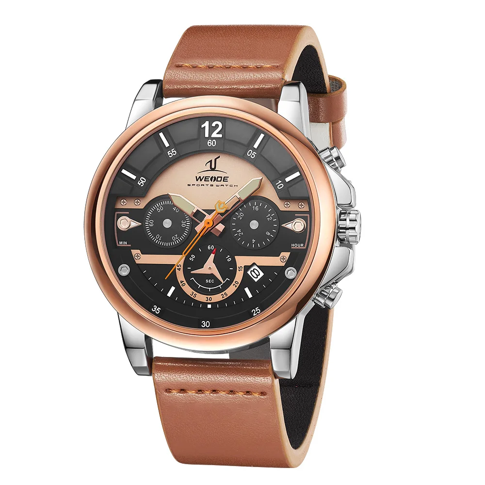 

New Arrival WEIDE Men Watches Luxury Brand Men Rose Gold Watch Soft Leather Strap Quartz Wristwatch, 5 colors